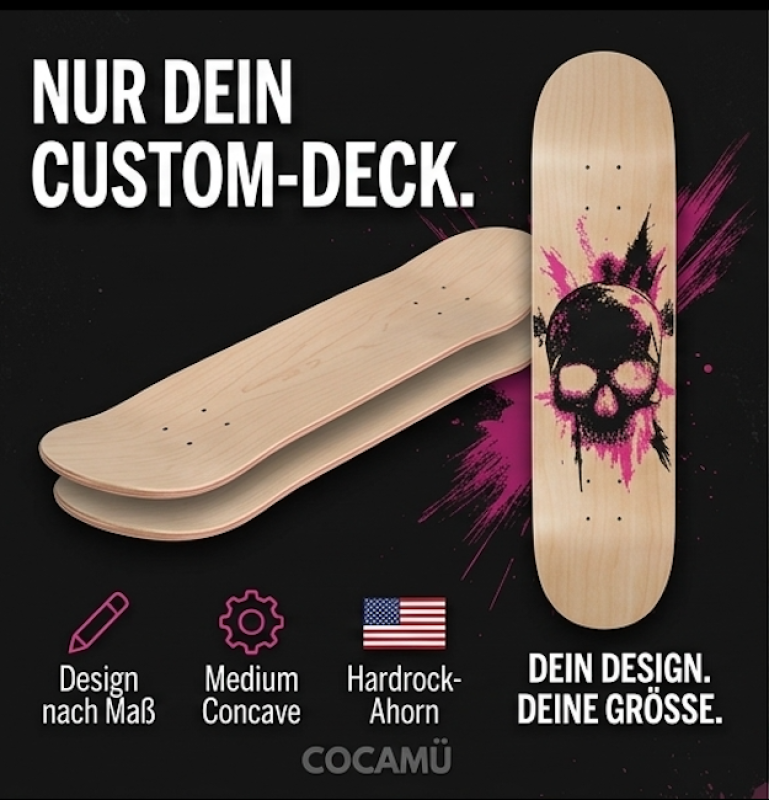 COCAMÜ Custom Skateboard Deck selbst gestalten | Dein Design & Profi-Setup